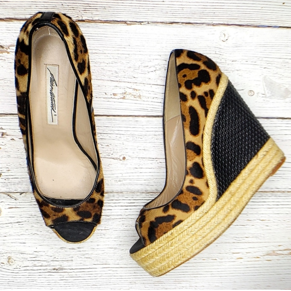 Brian Atwood Leopard Print Jute Wedges